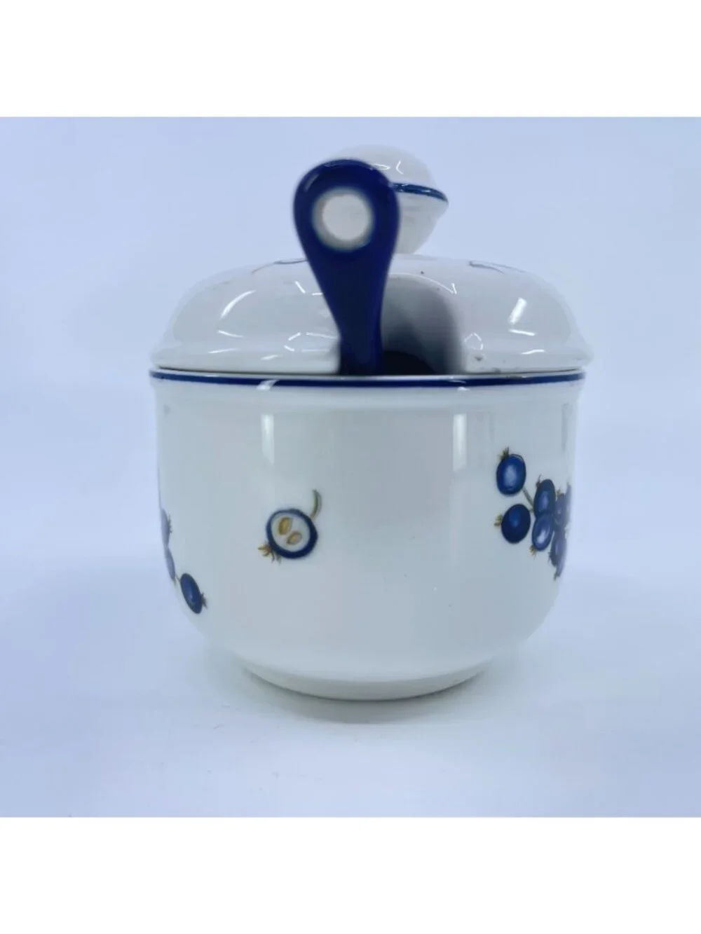 vintage villeroy & boch ceramic condiment jar with lid & spoon blueberry motif